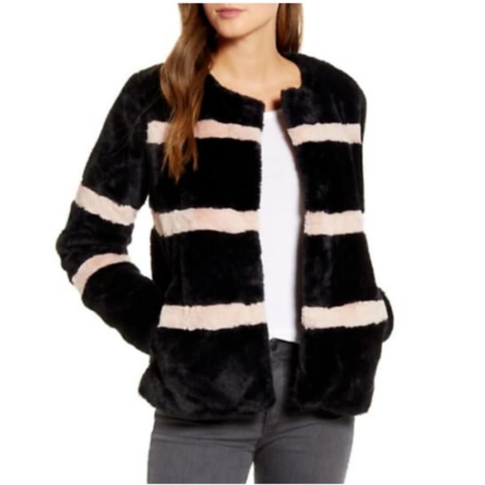 Rachel Parcell Black Pink Stripe‎ Faux Fur Teddy Jacket Coat Black Pink Medium